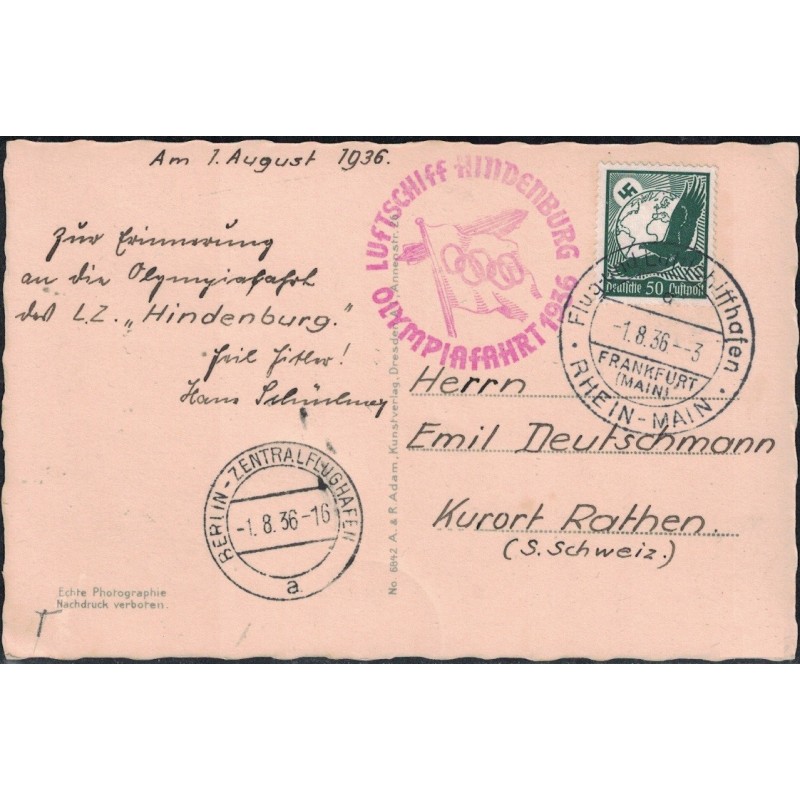 ALLEMAGNE - ZEPPELIN - OLYMPIAFAHRT - 1-8-1936 - LZ HINDENBURG - CARTE POSTALE POUR LA SUISSE.
