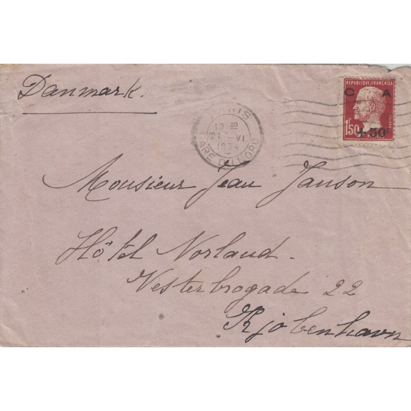 PARIS - GARE DU NORD - LETTRE POUR LE DANEMARK - AFFRANCHISSEMENT AVEC PASTEUR No255 CAISSE D'AMORTISSEMENT.