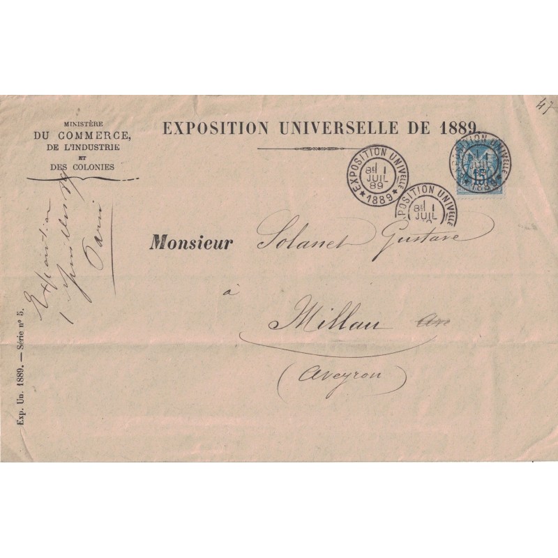 PARIS - EXPOSITION UNIVERSELLE * 1889 * - SUPERBE ENTETE DE L'EXPOSITION ENVELOPPE DU MINISTERE DU COMMERCE - RARE.