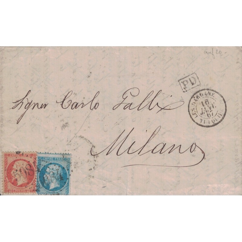 TURQUIE - LES DARDANELLES - EMPIRE No22 ET 23 - OBLITERATION GC5084 - LETTRE POUR MILAN LE 16-1-1867 - RARE.