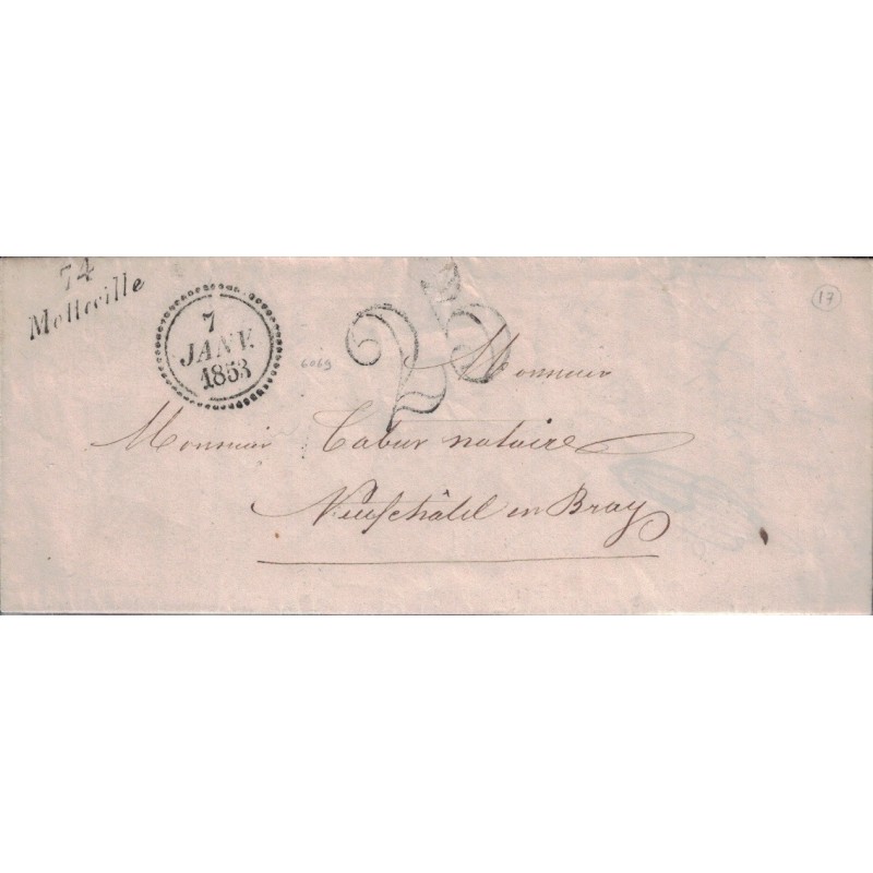 SEINE MARITIME - 74 MONTTEVILLE - CURSIVE - LE 7-1-1853 - TAXE 25 - AVEC TEXTE.