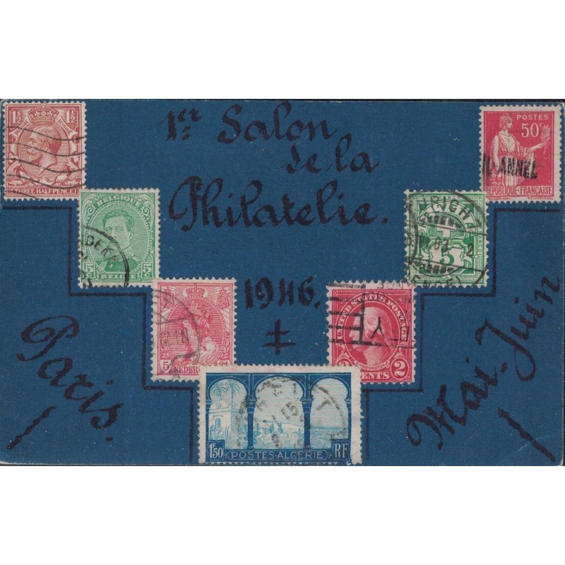 PARIS - SALON DE LA PHILATELIE 25 MAI-10 JUIN 1946 - CARTE POSTALE DECOREE DE DIVERS TIMBRES EN V DE VICTOIRE (ART POSTAL).