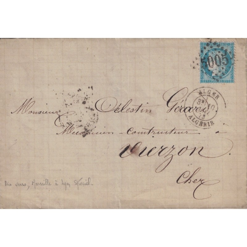 ALGERIE - ALGER - CERES No60 - OBLITERATION GC5005 - LETTRE SANS TEXTE DU 10 MAI 1876