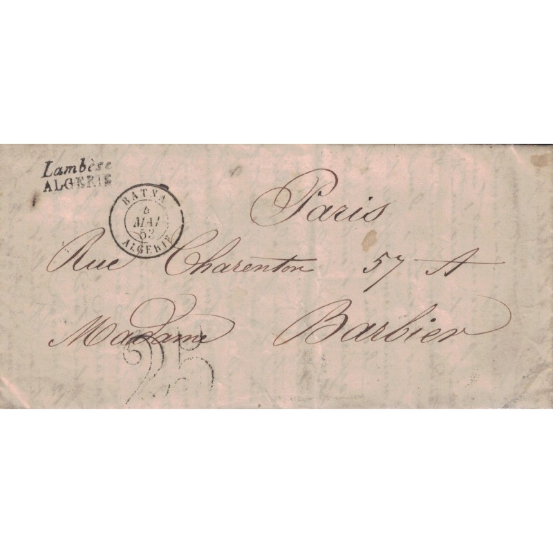 ALGERIE - CURSIVE DOUBLE - LAMBESE / ALGERIE - CAD T15 DE BATNA DU 6 MAI 1852 - TAXE 25 DOUBLE TRAIT.