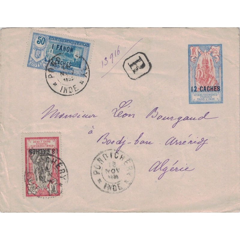 INDES - ENTIER POSTAL 12 CACHES / 25c AVEC COMPLEMENT RECOMMANDE DE PONDICHERY POUR LA FRANCE - 18-11-1923 - RARE.