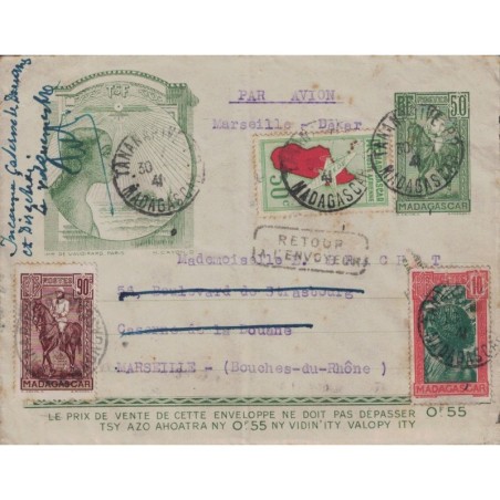 MADAGASCAR - ENTIER POSTAL AVEC COMPLEMENT RECTO-VERSO PAR AVION POUR LA FRANCE VIA DAKAR - RETOUR ENVOYEUR