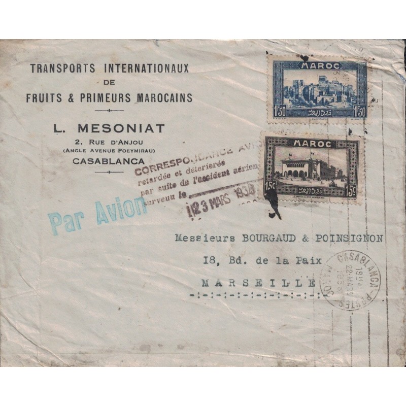 MAROC - CASABLANCA - ACCIDENT LIGNE AMERIQUE DU SUD MAROC-FRANCE - GRIFFE SPECIALE DU MARS 1938. MAROC - CASABLANCA - ACCIDENT LIGNE AMERIQUE DU SUD MAROC-FRANCE - GRIFFE SPECIALE DU MARS 1938.