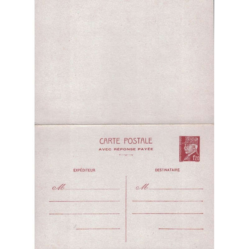 PETAIN - 1F20 - CARTE POSTALE NEUVE AVEC REPONSE PAYEE - COTE 125€.