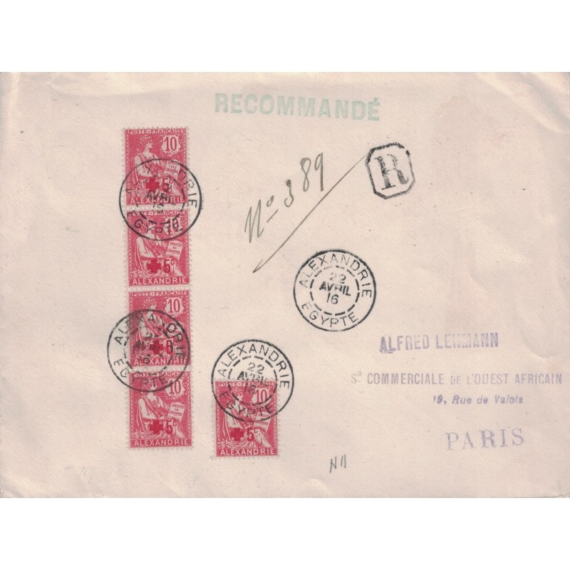 EGYPTE - ALEXANDRIE - LETTRE RECOMMANDEE DU 22-4-1916 POUR LA FRANCE - SUPERBE AFFRANCHISSEMENT AVEC N°34 MOUCHON CROIX ROUGE.