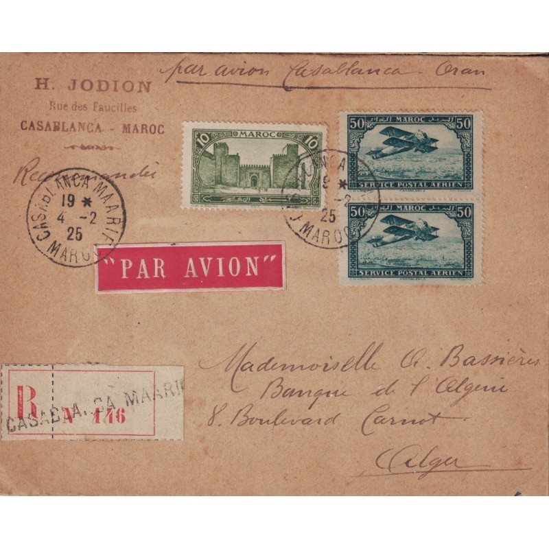 MAROC - LETTRE RECOMMANDEE AVION DE CASABLANCA MAARIF POUR ALGER - BEL AFFRANCHISSEMENT DU 4-2-1925.