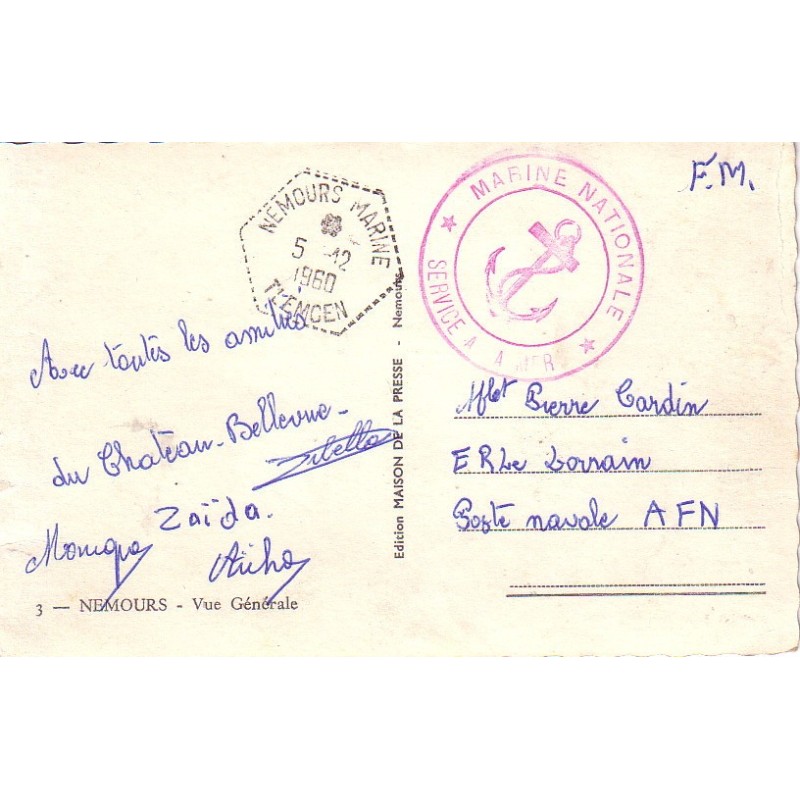 ALGERIE - NEMOURS MARINE - TLEMCEN - CACHET ROUGE MARINE NATIONALE SERVICE A LA MER - 5-12-1960.