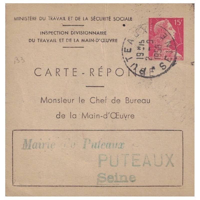 MULLER - 15F ROUGE - CARTE POSTALE DE SERVICE DU BUREAU DE LA MAIN-D'OEUVRE A PUTEAUX - SEINE - SANS TALON.