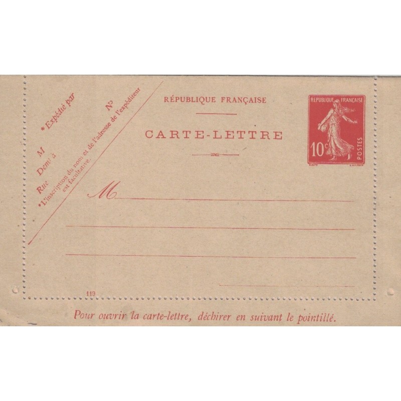 SEMEUSE - CARTE LETTRE NEUVE - 10c ROUGE SUR CHAMOIS - NUMERO 339..