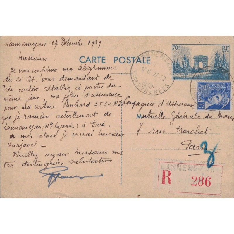 ARC DE TRIOMPHE - 70c - LANNEMEZAN - HTE PYRENEES - CARTE POSTALE RECOMMANDEE DU 27-2-1939.