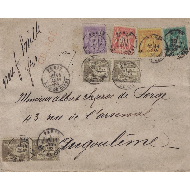 PARIS - LETTRE CHARGEE 9000F - SAGE AFFRANCHISSEMENT A 9F70 AVEC No75-92x4-92-94-95 - LE 11-6-1883 - DESCRIPTIF AU VERSO