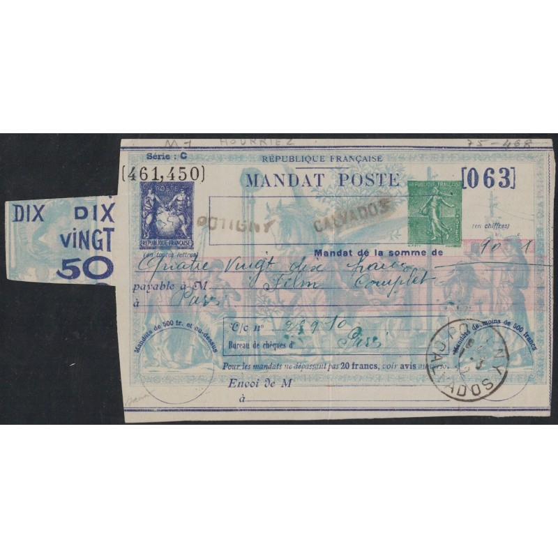 SAGE - MANDAT POSTE - AVEC SEMEUSE DE HOURRIEZ - MANDAT POSTE - POLIGNY - CALVADOS - 11-3-1942