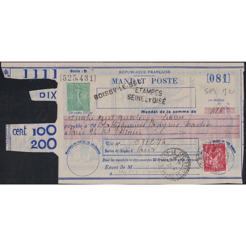 SEMEUSE LIGNEE - MANDAT POSTE - BOISSY LE SEC - SEINE ET OISE - 13-9-1941 - AVEC 1F IRIS MOBILE - COTE 1000€.