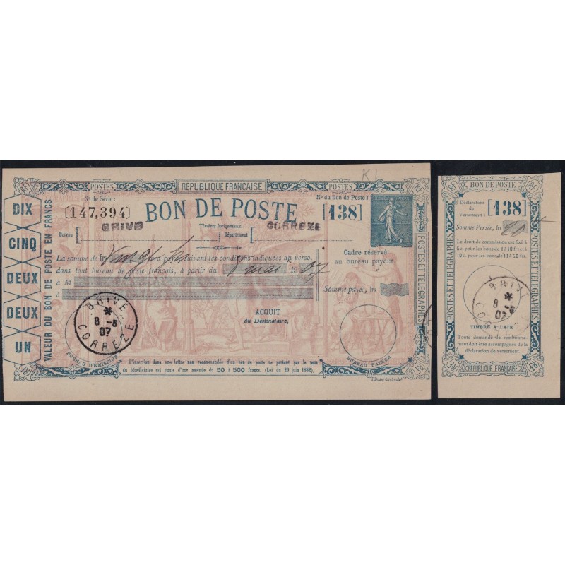 SEMEUSE LIGNEE - BON DE POSTE - CORREZE - BRIVE -8-5-1907 - AVEC RECIPISSE.