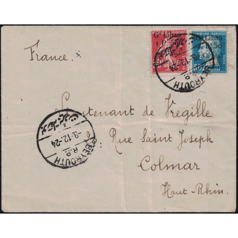 GRAND LIBAN - BEYROUTH - SEMEUSE ET PASTEUR AVEC SURCHARGE - LETTRE POUR LA FRANCE LE 8-12-1924.