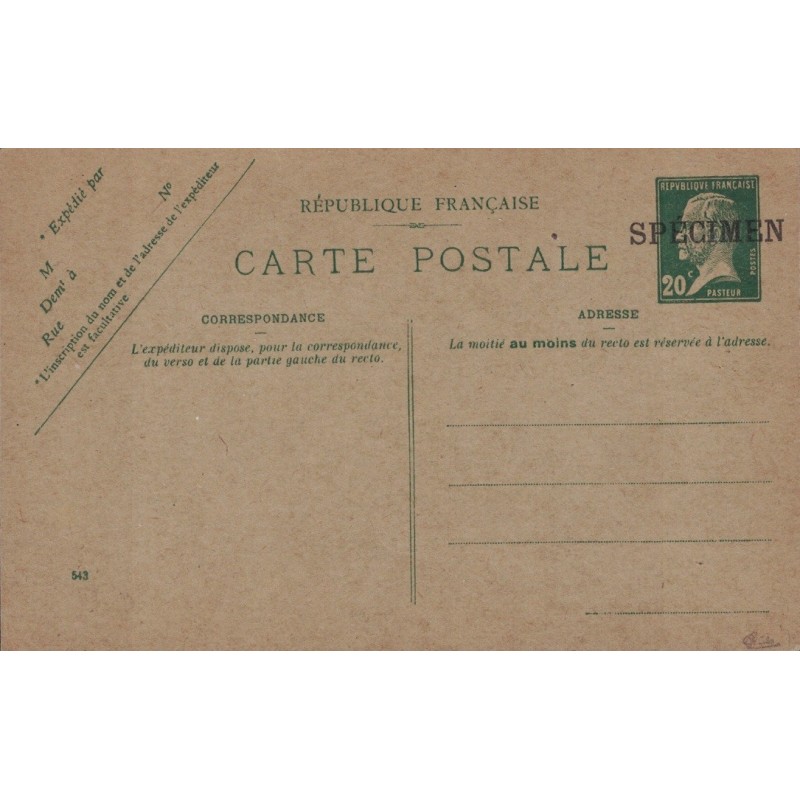 PASTEUR - 20c CARTE POSTALE ENTIER NEUVE - SURCHARGE SPECIMEN