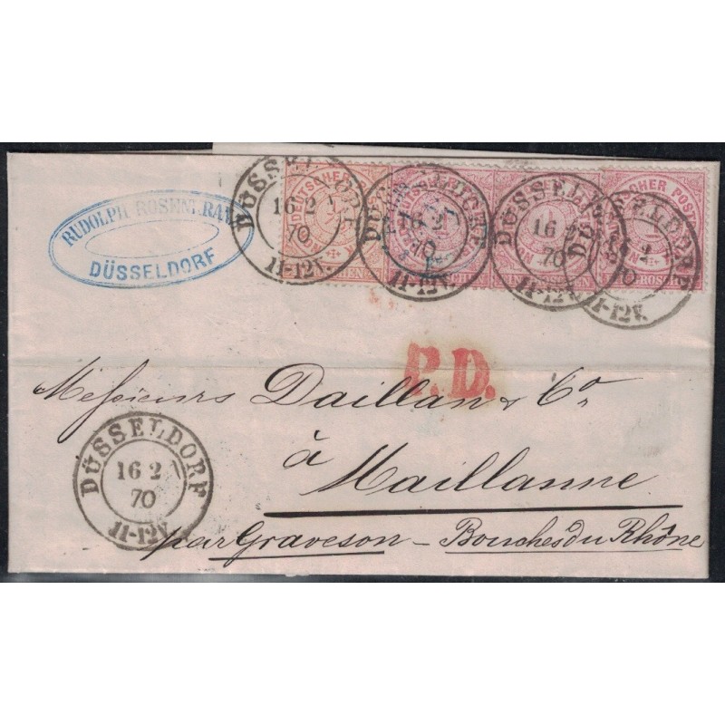 ALLEMAGNE - DUSSELDORF - SUPERBE AFFRANCHISSEMENT POUR MAILLANNE FRANCE - LE 16-2-1870.