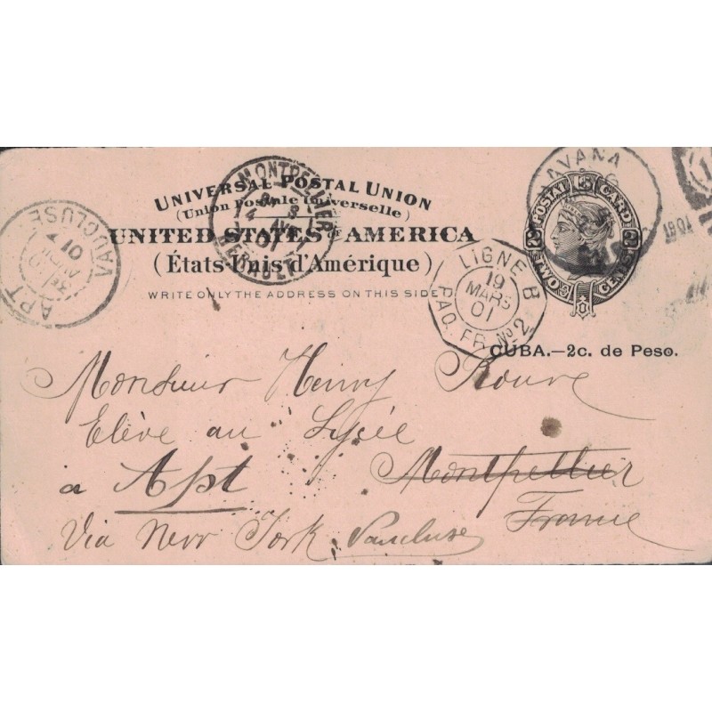 LA HAVANE - CUBA - OCCUPATION AMERICAINE - CACHET MARITIME - LIGNE B PAQ.FR.N°2 - LE 19-3-1902.