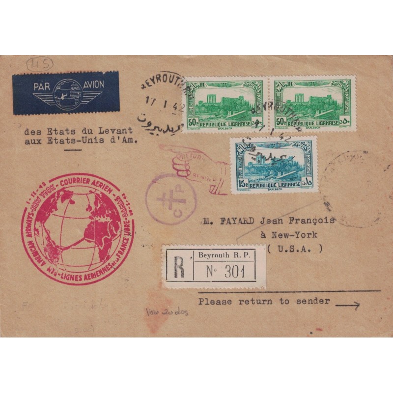 LEVANT - LIBAN - LIGNE AERIENNE DE LA FRANCE LIBRE - BEYROUTH ETATS UNIS - LE 17-1-1942.