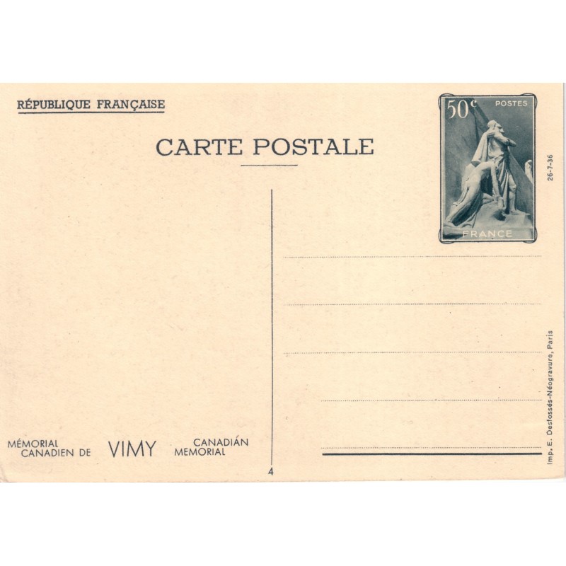 MEMORIAL VIMY - ENTIER POSTAL NEUF.