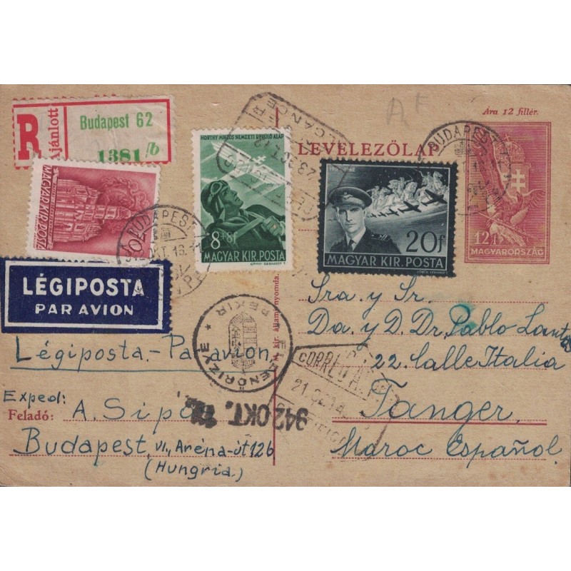 HONGRIE - CARTE POSTALE RECOMMANDEE PAR AVION DE BUDAPEST POUR TANGER AU MAROC ESPAGNOL - RARE DESTINATION.