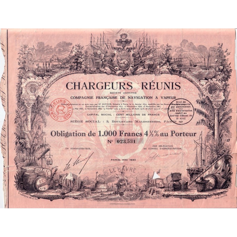 CHARGEURS REUNIS - COMPAGNIE FRANCAISE DE NAVIGATION A VAPEUR