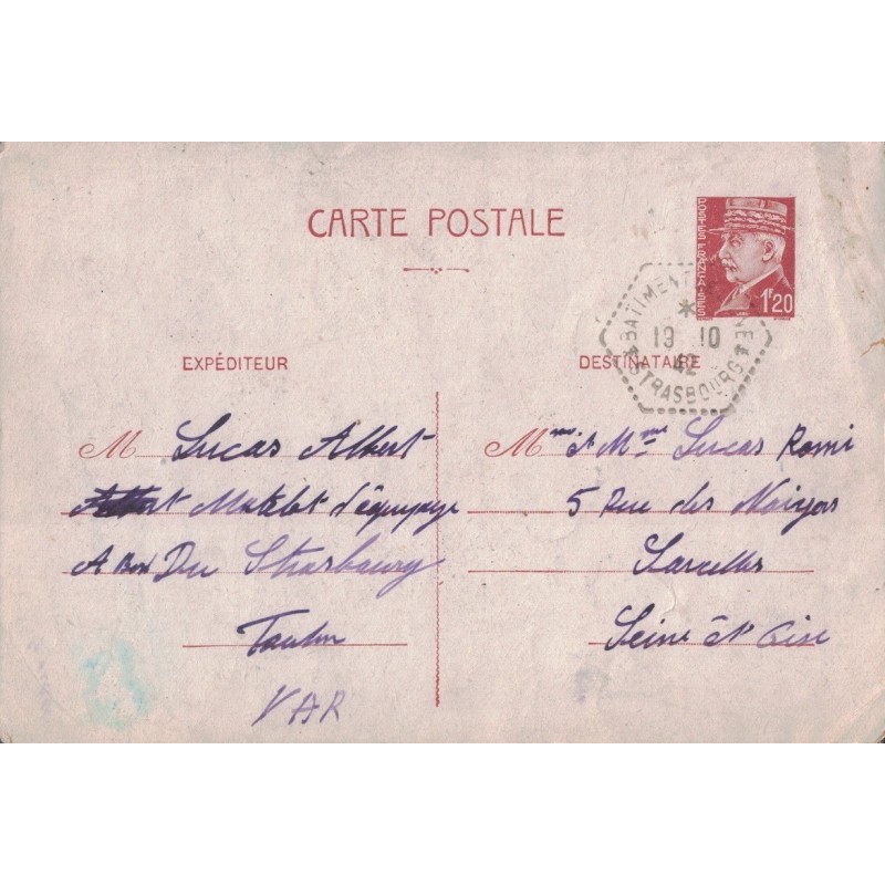 PETAIN - 1F20 ENTIER CARTE POSTALE - CACHET BATIMENT DE LIGNE STRASBOURG - 19-10-1942.