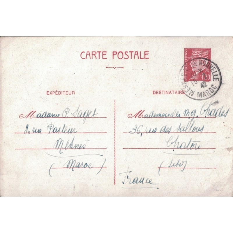 PETAIN - 1F20 ENTIER POSTAL DE MEKNES VILLE NOUVELLE - MAROC - POUR LA FRANCE LE 15-7-1942.