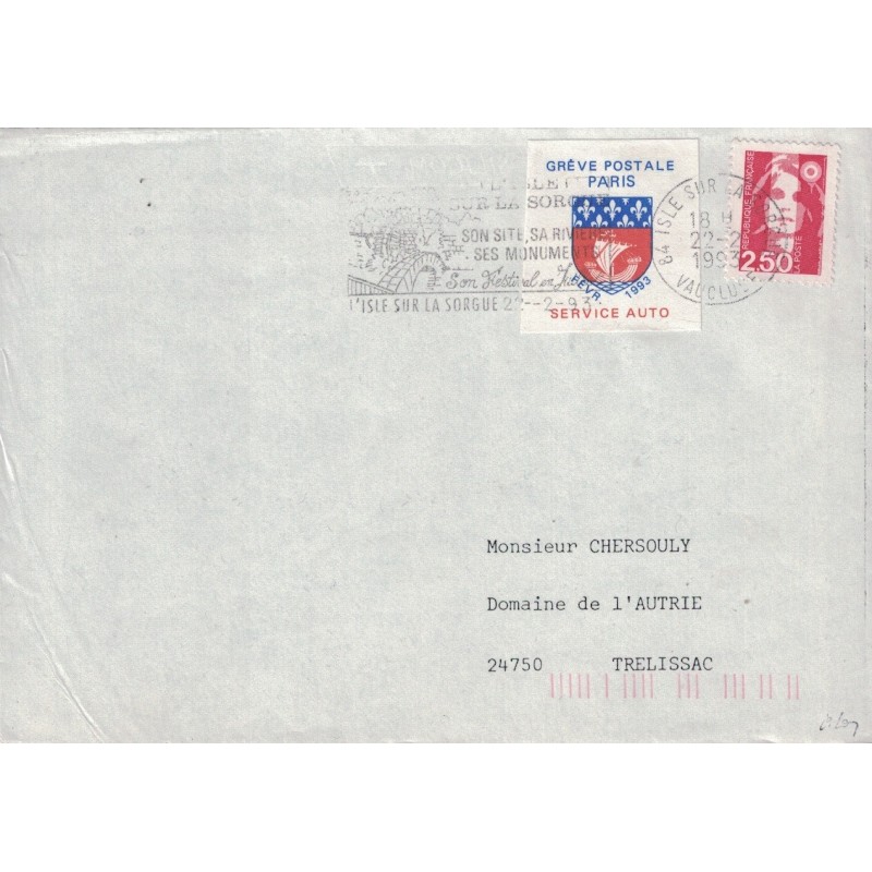 PARIS - GREVE POSTALE PARIS FEVRIER 1993 SERVICE AUTO - LE 22-2-1993 - VIGNETTE GREVE N°52.