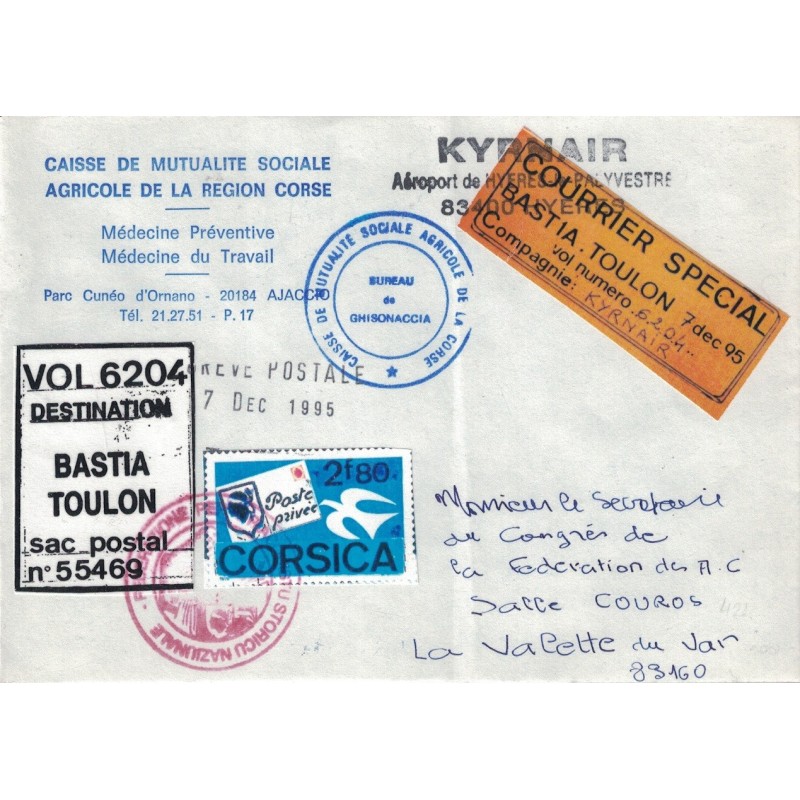 CORSE - BASTIA - GREVE DU 7 DECEMBRE 1995 - VIGNETTE POSTE PRIVEE 2F80 - COURRIER SPECIAL BASTIA-TOULON PAR KYRNAIR .