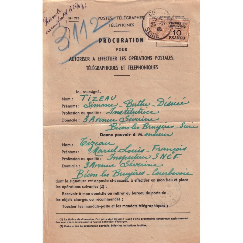 PROCURATION POSTALE-RARE DOCUMENT AVEC TIMBRE FISCAL 1946 DE COURBEVOIE SEINE