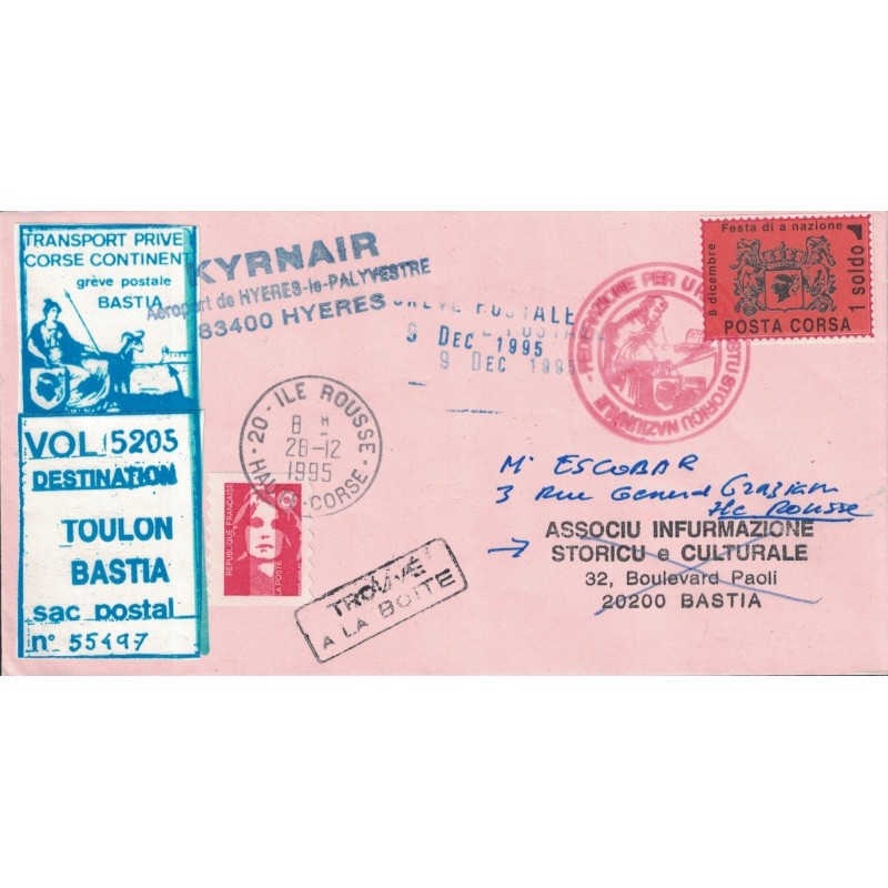 CORSE - BASTIA - GREVE DU 9 DECEMBRE 1995 - N°53 - COURRIER SPECIAL BASTIA-TOULON PAR KYRNAIR - COTE 100€.