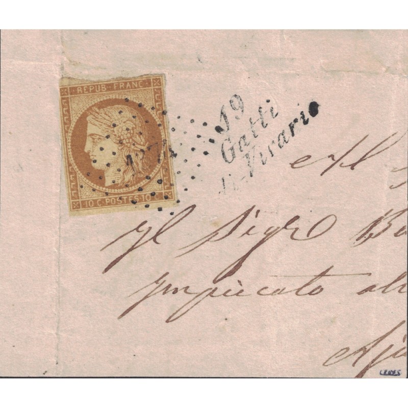 No001 - 10c CERES - PC1374 - CURSIVE - 19 GATI DI VIVARIO - CORSE - SUR FRAGMENT DE LETTRE - SIGNATURE CERES.