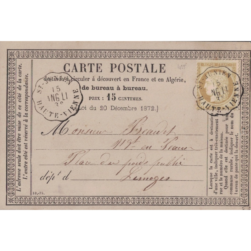 HAUTE-VIENNE - ST JUNIEN - CONVOYEUR STATION - CERES N°55 SUR CARTE PRECURSEUR LE 15-6-1876.