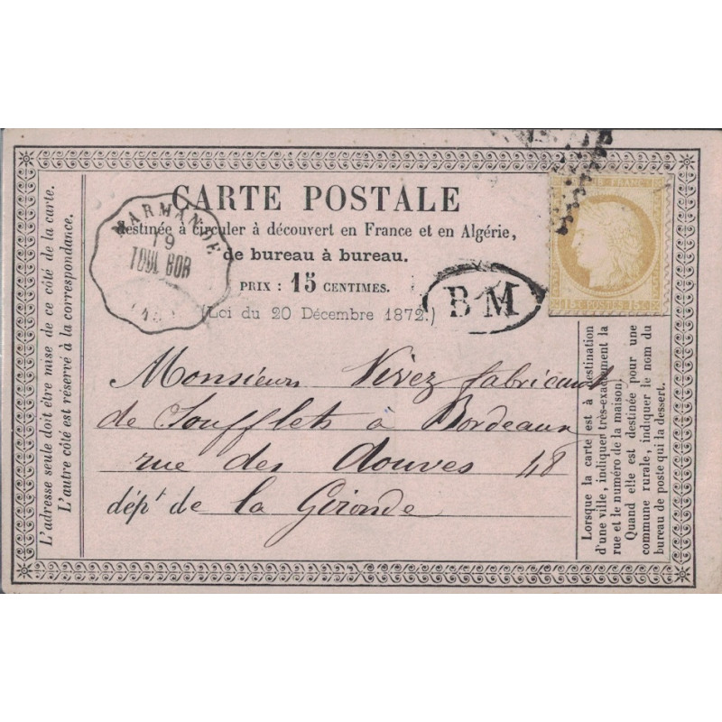 LOT ET GARONNE - MARMANDE - CONVOYEUR STATION - TOUL.BOR. - CERES N°55 - GRIFFE BM - CARTE PRECURSEUR - COTE 60€.