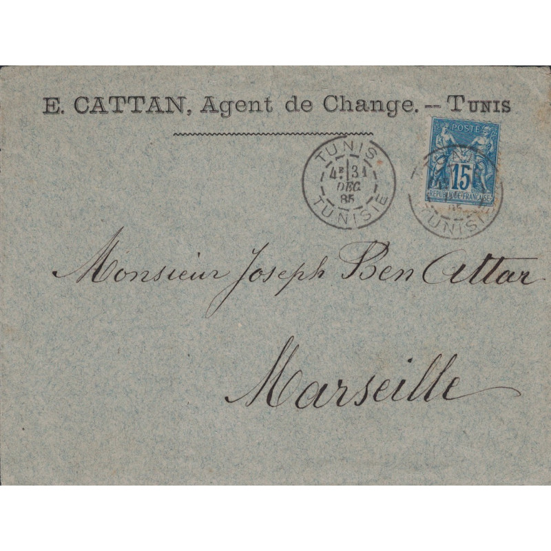 TUNISIE - SAGE - N°90 - CAD TUNIS TUNISIE - 31 DECEMNRE 1885 - LETTRE ENTETE POUR MARSEILLE.