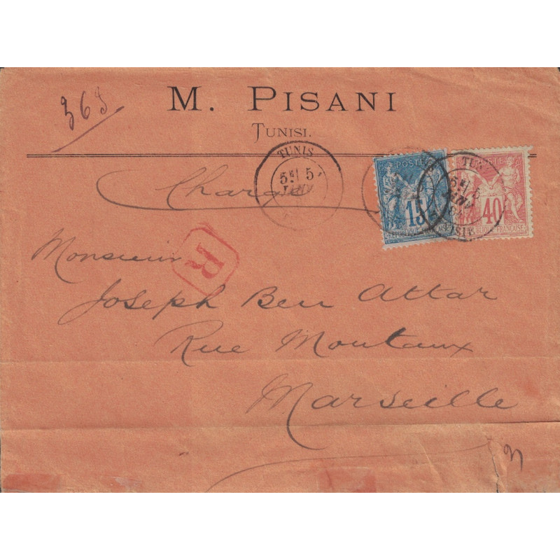 TUNISIE - TUNIS - SAGE - N°90 ET 94 - LETTRE RECOMMANDEE DU 5 JANVIER 1884.