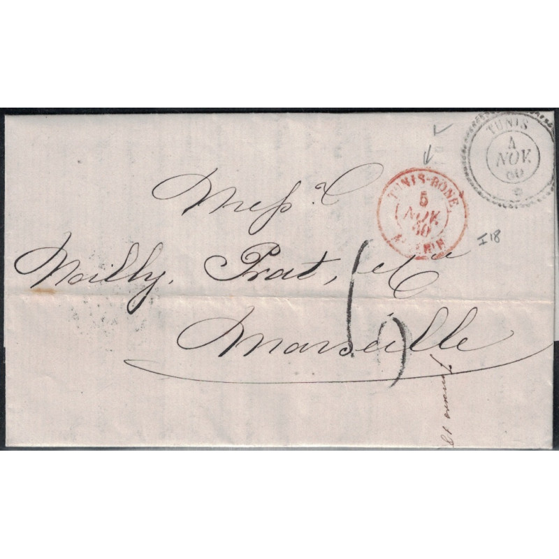 TUNISIE - TUNIS-BONE ALGERIE - CACHET D'ENTREE MARITIME - 5 NOVEMBRE 1860 - RARE. TUNISIE - TUNIS-BONE ALGERIE - CACHET D'ENTREE MARITIME - 5 NOVEMBRE 1860 - RARE.