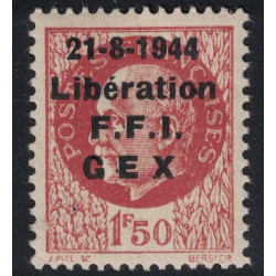 LIBERATION - AIN - GEX - 1F50 PETAIN - SURCHARGE 21-8-1944 LIBERATION FFI GEX - SIGNATURE CALVES.