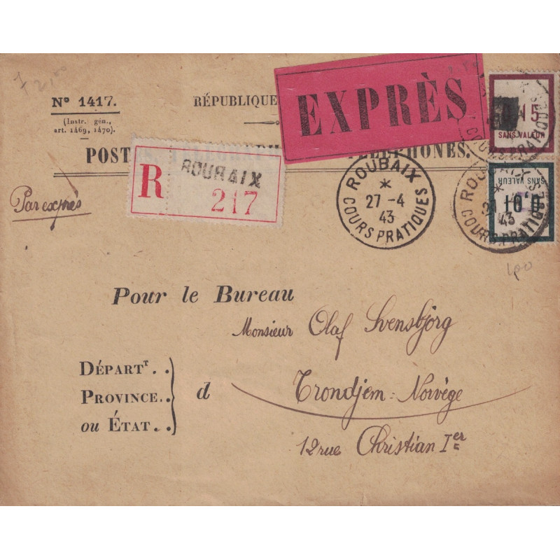 NORD - ROUBAIX - COURS D'INSTRUCTION - LETTRE EXPRES POUR LA NORVEGE - COURS PRATIQUES DES POSTIERS.