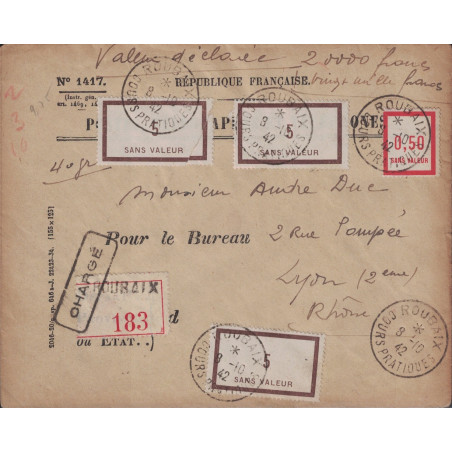 NORD - ROUBAIX - COURS D'INSTRUCTION - LETTRE RECOMMANDEE VALEUR DECLAREE 20 000F - COURS PRATIQUES DES POSTIERS.