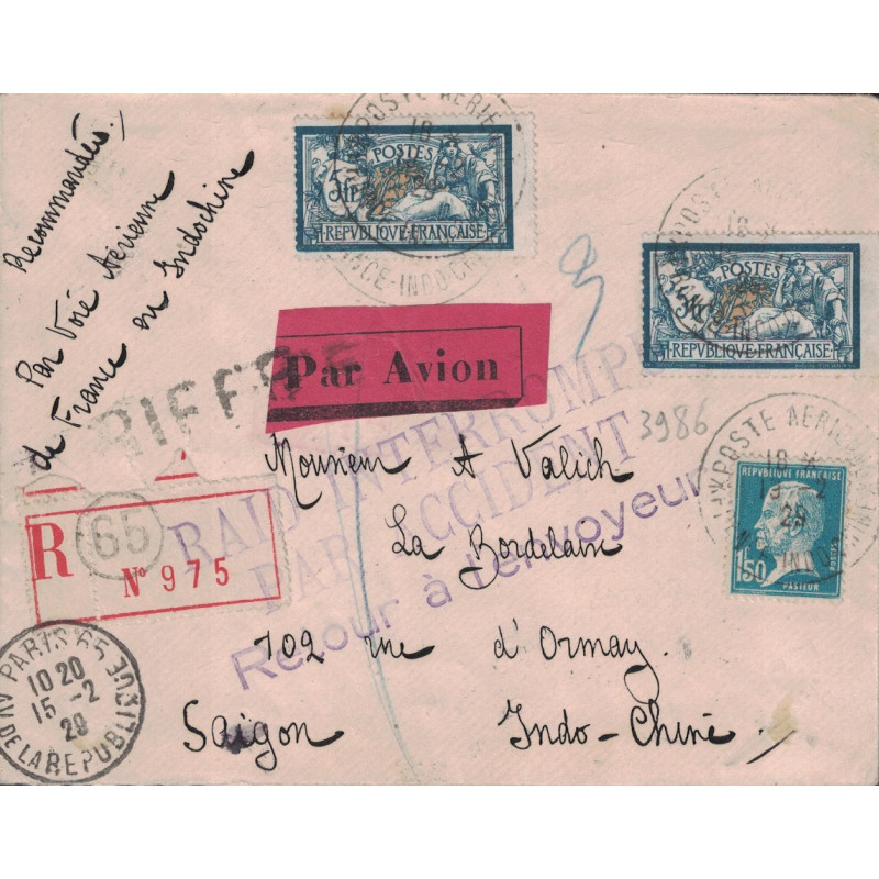 PARIS - MERSON 5Fx2 + PASTEUR 1F 50 - LETTRE RECOMMANDEE DE PARIS POUR SAIGON - ACCIDENT DU DRAGON DE L'ANNAM.