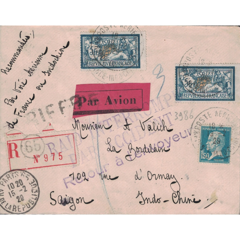PARIS - MERSON 5Fx2 + PASTEUR 1F 50 - LETTRE RECOMMANDEE DE PARIS POUR SAIGON - ACCIDENT DU DRAGON DE L'ANNAM. PARIS - MERSON 5Fx2 + PASTEUR 1F 50 - LETTRE RECOMMANDEE DE PARIS POUR SAIGON - ACCIDENT DU DRAGON DE L'ANNAM.