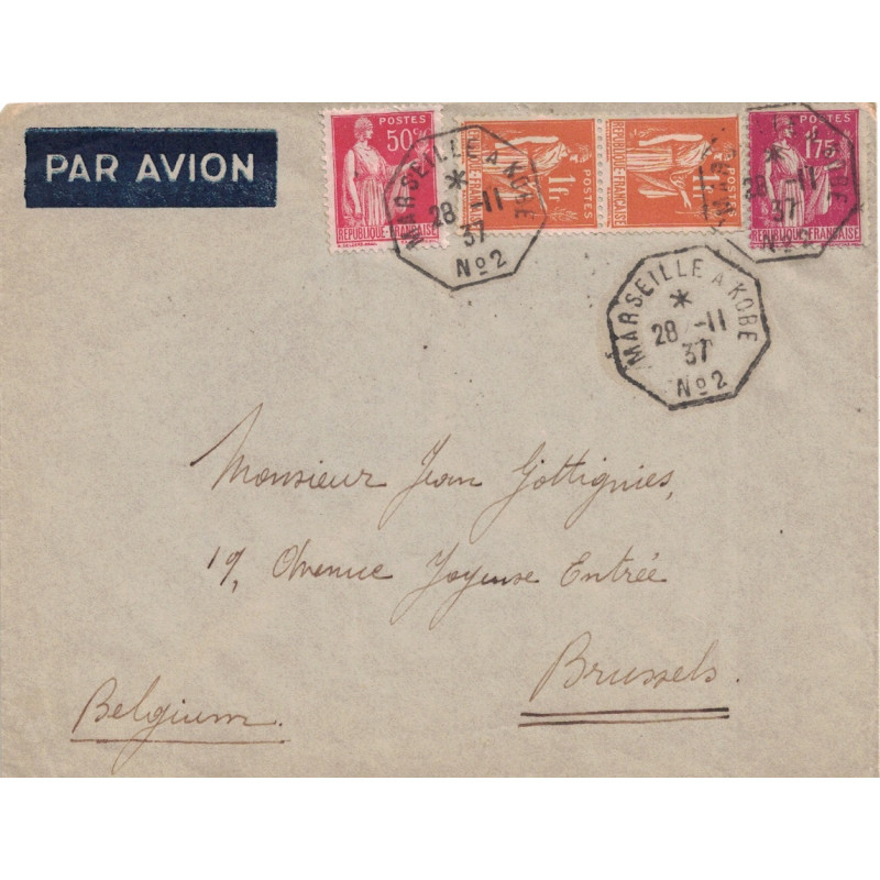 TYPE PAIX - MARSEILLE A KOBE N°2 - LETTRE BATEAU AVION DU 28-11-1937 POUR LA BELGIQUE.