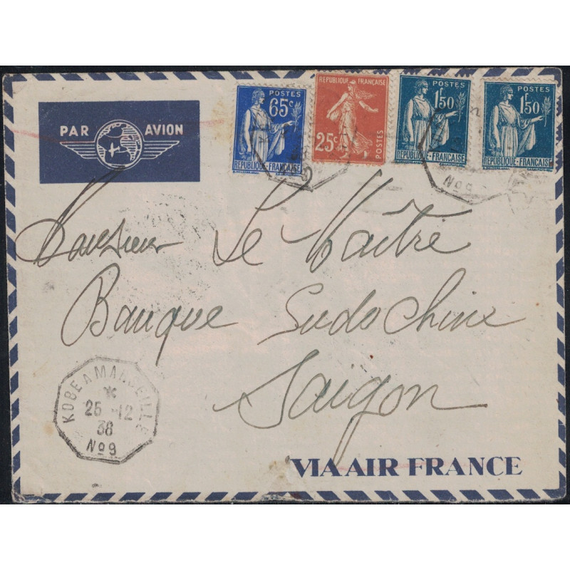 TYPE PAIX & SEMEUSE - KOBE A MARSEILLE N°9 - 25-12-1938 - LETTRE BATEAU AVION POUR SAIGON.