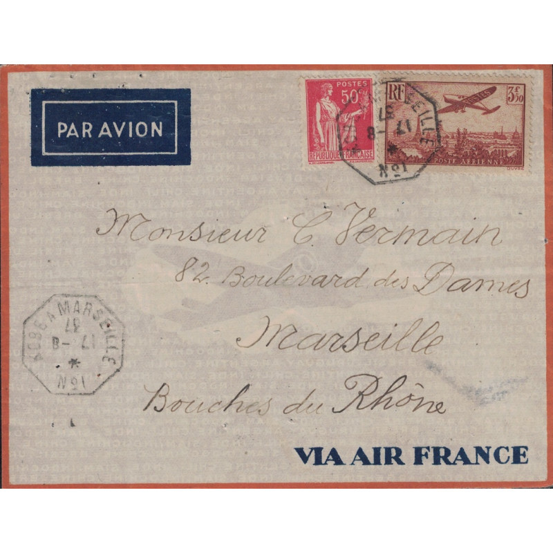 TYPE PAIX & PA 3F50 - KOBE A MARSEILLE N°1 - 17-8-1937 - DATEUR INVERSE - LETTRE BATEAU AVION POUR MARSEILLE.